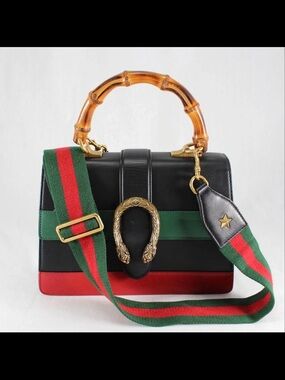 Gucci Black Leather Satchel with Green & Red Web and Bamboo Handle